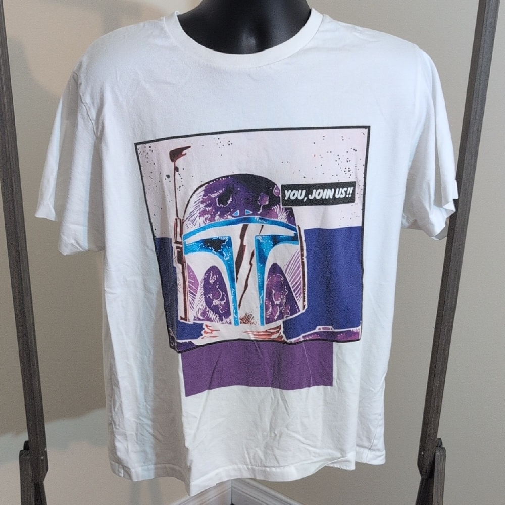 Star Wars| White Mandalorian Graphic T-Shirt with Helmet Design